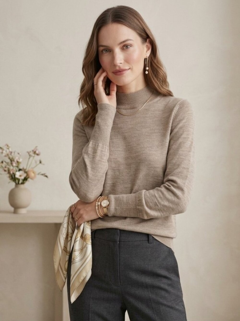 Badgley Mischka 100% Merino Wool Mock-Neck Sweater - Taupe/Beige - Size Small